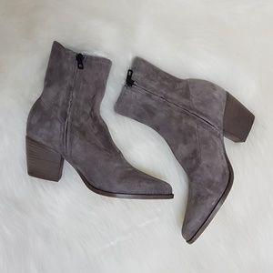 Vince. Hayek Grey Suede Pointed Toe Heel Bootie